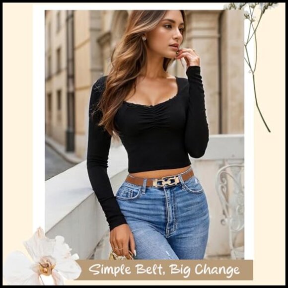 Skinny Elastic Waist Belt Gold Buckle Stretchy Thin Vintage Retro Style main image 6